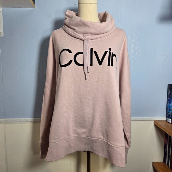 Calvin Klein XXL Baby Pink Black Logo Cowl Neck Longsleeve Pullover Sweatshirt - Picture 1 of 12